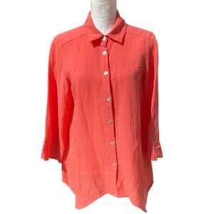 100% Linen Button Up Blouse Size XS Lagenlook 3/4 Sleeve Tunic Old Money Salmon